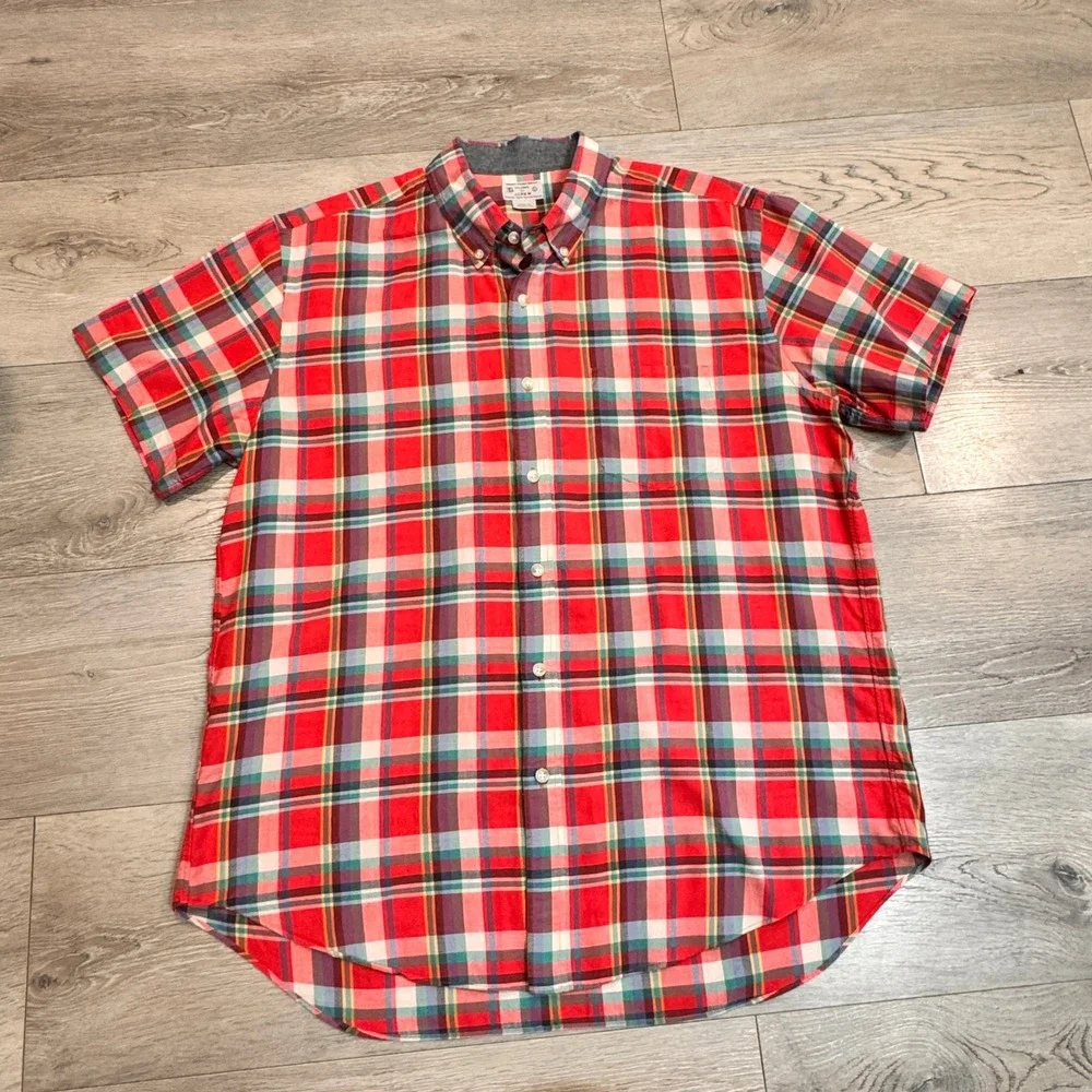J.Crew Mens Red Plaid Short Sleeve Button Down Shirt‎ Size Large L